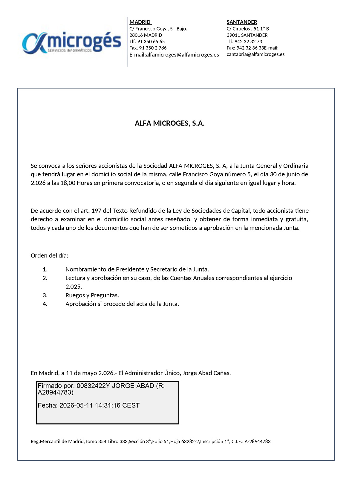 Alfa Microgés - Tablón de Anuncios - Anuncio Junta de Accionistas
